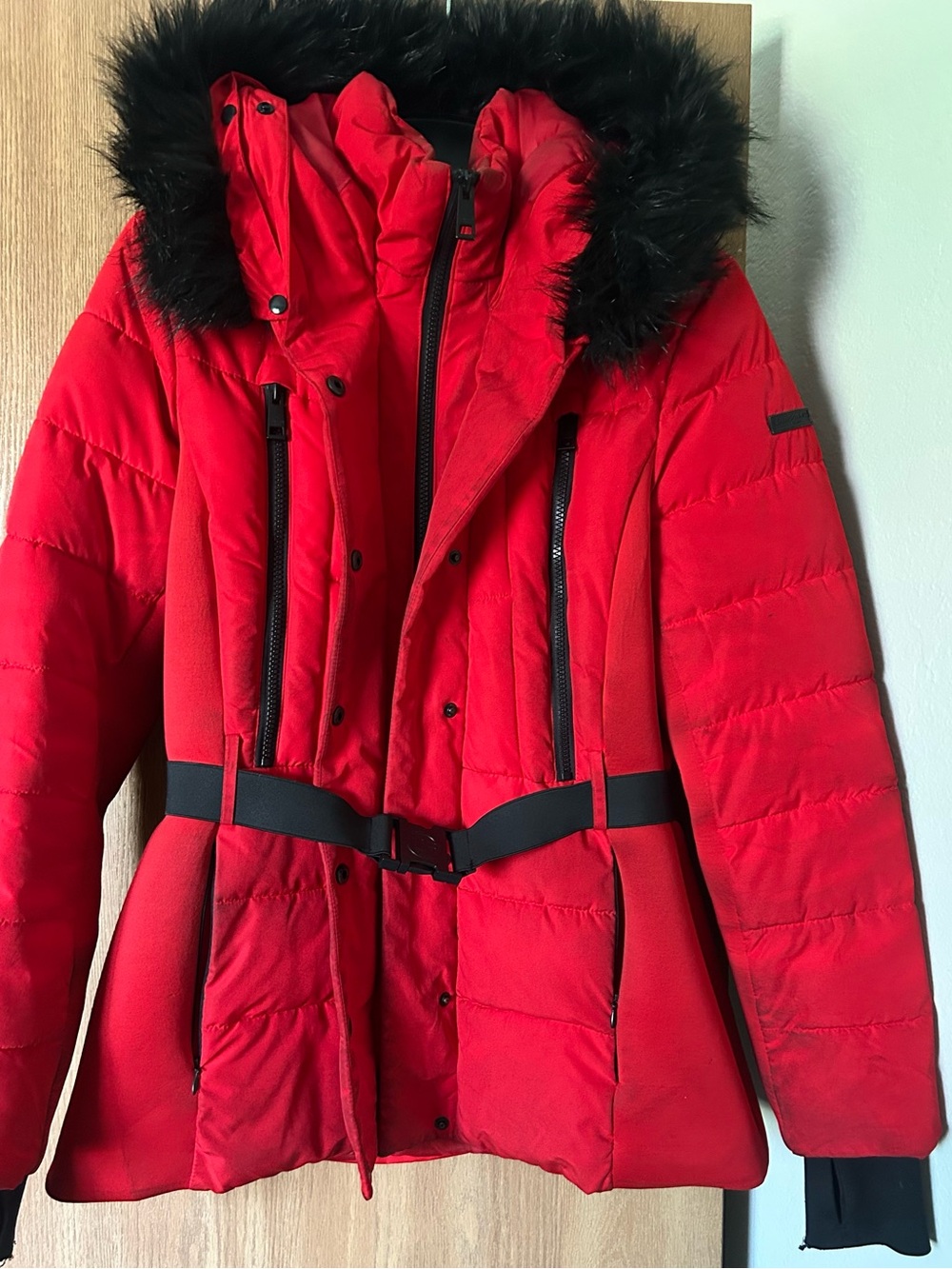 Women’s Red Quilted Belted Puffer Coat with Faux Fur Hood